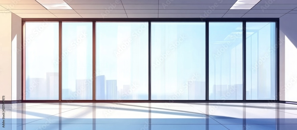 Poster Modern office space with large windows illuminating the interior and ample empty area for text placement and branding opportunities