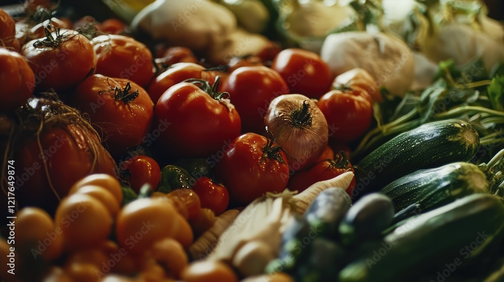 Poster colorful assortment of fresh raw and roasted vegetables displayed in a market setting with shallow d