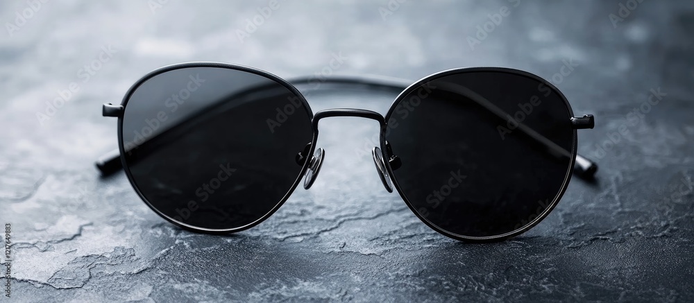 Poster stylish black sunglasses with metal frame set on textured surface showcasing empty copyspace for bra