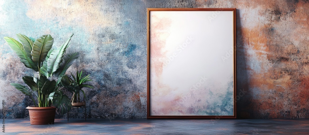 Aufkleber Blank Canvas in Brown Frame Against Futuristic Earthy Background with Copyspace for Text and Indoor Plant Accenting the Scene