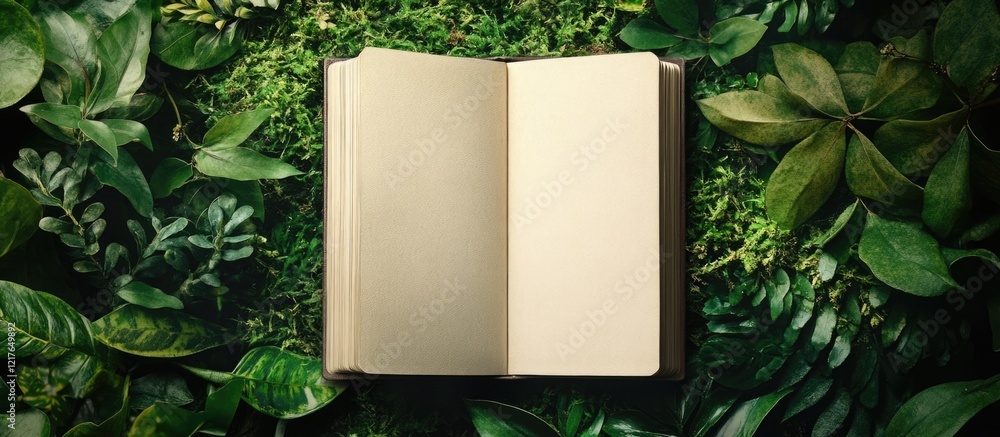 Poster blank book cover mockup surrounded by lush greenery ideal for custom text and design inspiration in 