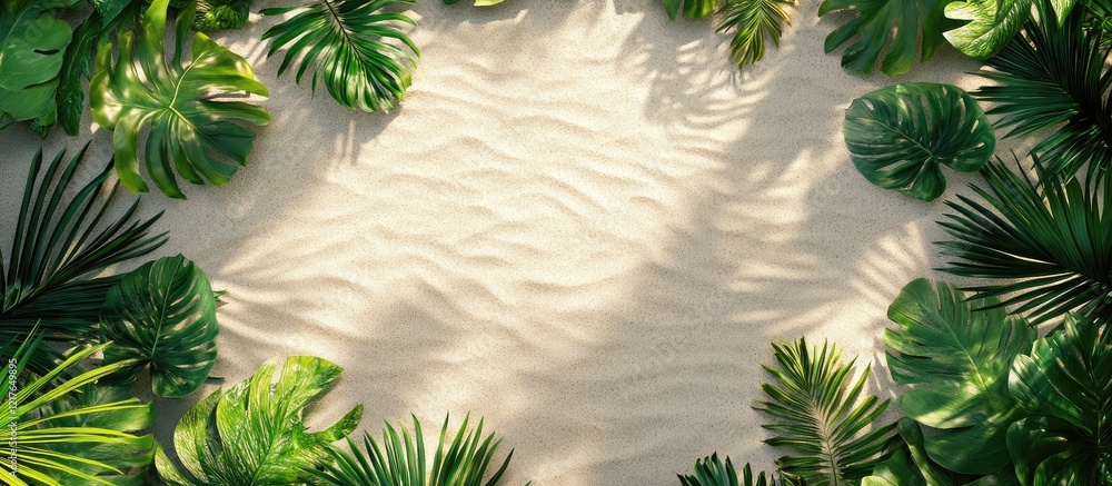 Aufkleber circular frame of green tropical leaves on sandy beach with soft textures and empty space for text o