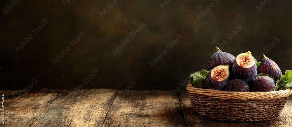 Poster basket of ripe figs on rustic wooden table with blank space for custom text or branding