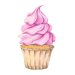 Watercolor cupcake illustration with fluffy pink frosting, delicated texture, and vibrant colors. Perfect for bakery, dessert, and food-themed designs. Sweet, delicate, and eye-catching artwork