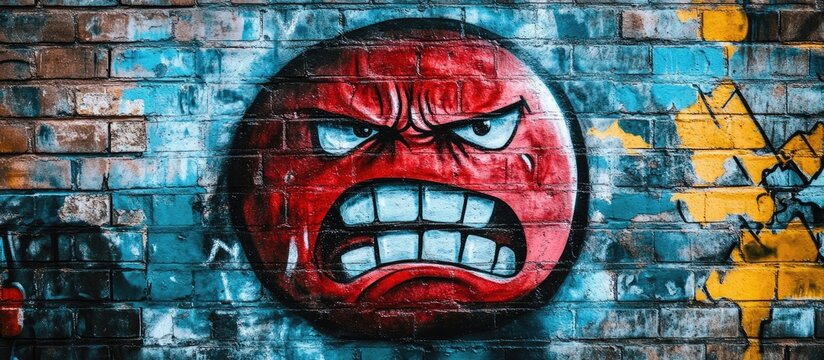 Vibrant graffiti mural depicting an expressive angry face on a brick wall with space for text or messages in an urban setting
