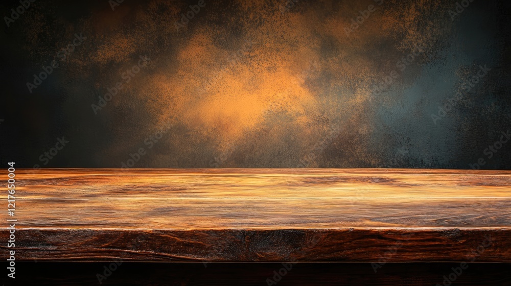Poster wooden countertop with textured dark background and warm lighting, suitable for product display with