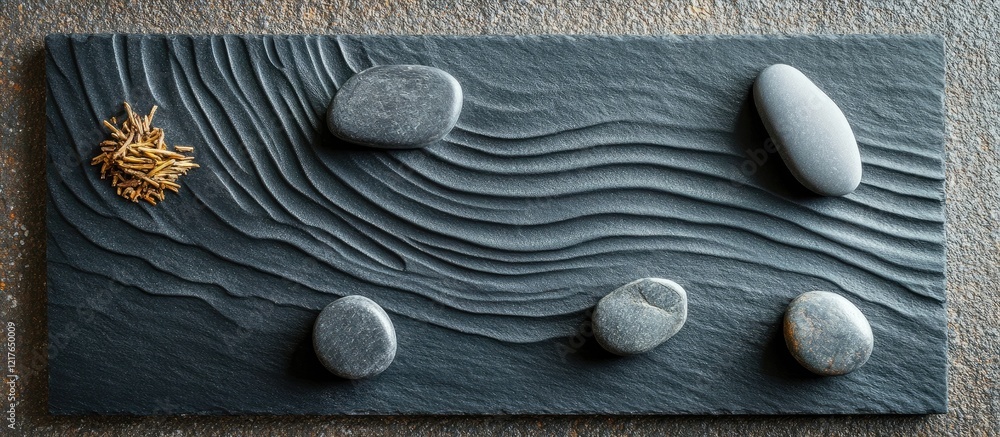 Poster mini zen garden on black stone board with smooth textures and empty copyspace for text ideal for rel