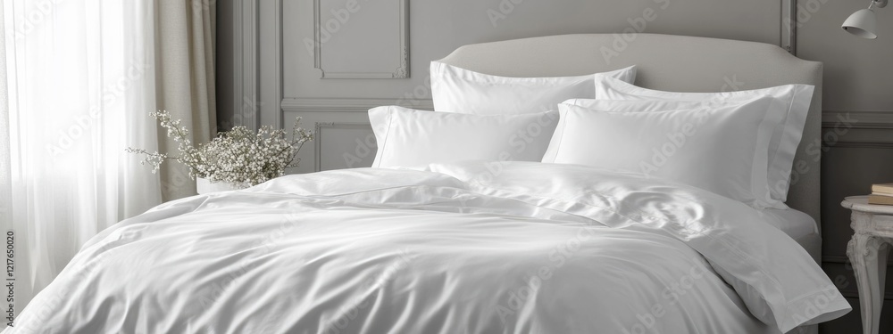 Poster minimalist white bedding set on a neatly made bed with natural light from a window and decorative el