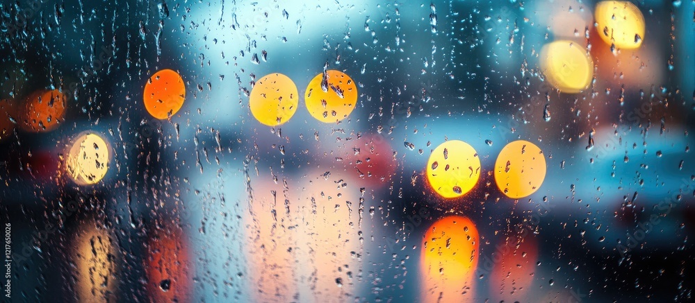 Aufkleber Bokeh Lights Through Rainy Window with Blurred Background and Copy Space for Text Use