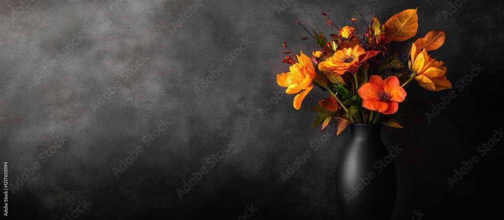 Poster Black vase with vibrant autumn flowers showcasing warm colors against a dark background with ample empty space for text and design elements