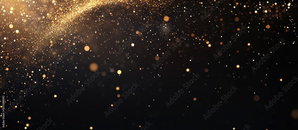 Aufkleber Golden shimmering particles in space with a bright light burst and dark background creating a perfect area for your text or design needs