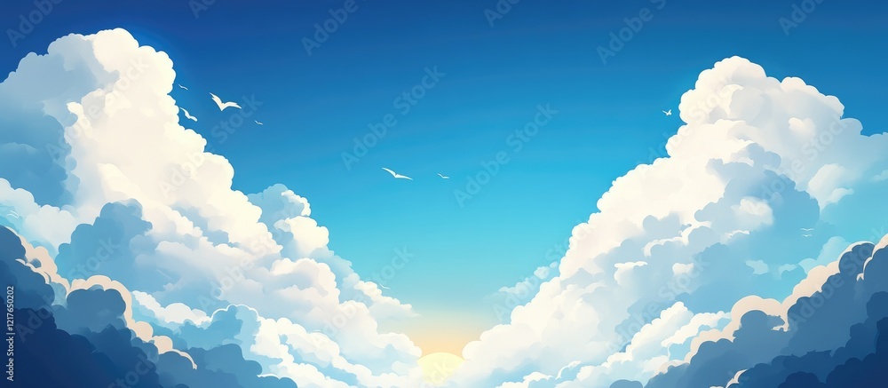 Aufkleber Vibrant blue sky with fluffy white clouds and a glowing sun creating ideal empty space for text or design elements