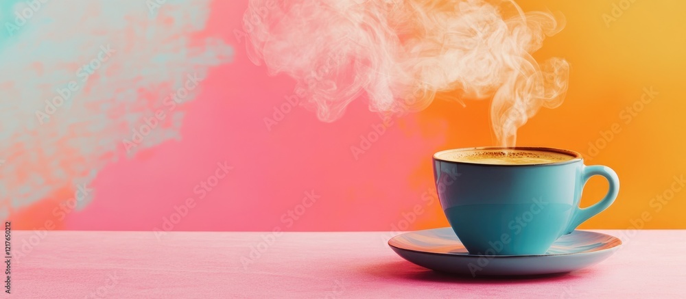 Poster morning coffee cup with steam on vibrant background and empty space for text or branding