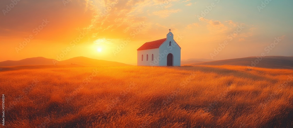 Poster golden sunset over a serene landscape featuring a small white chapel and a field of tall grass with 