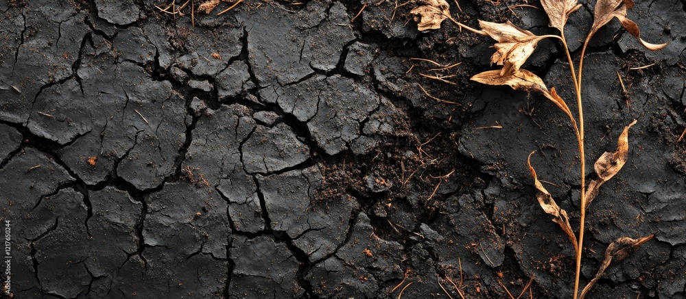 Poster black soil background with cracked texture and dried plants featuring ample copyspace for text in a 