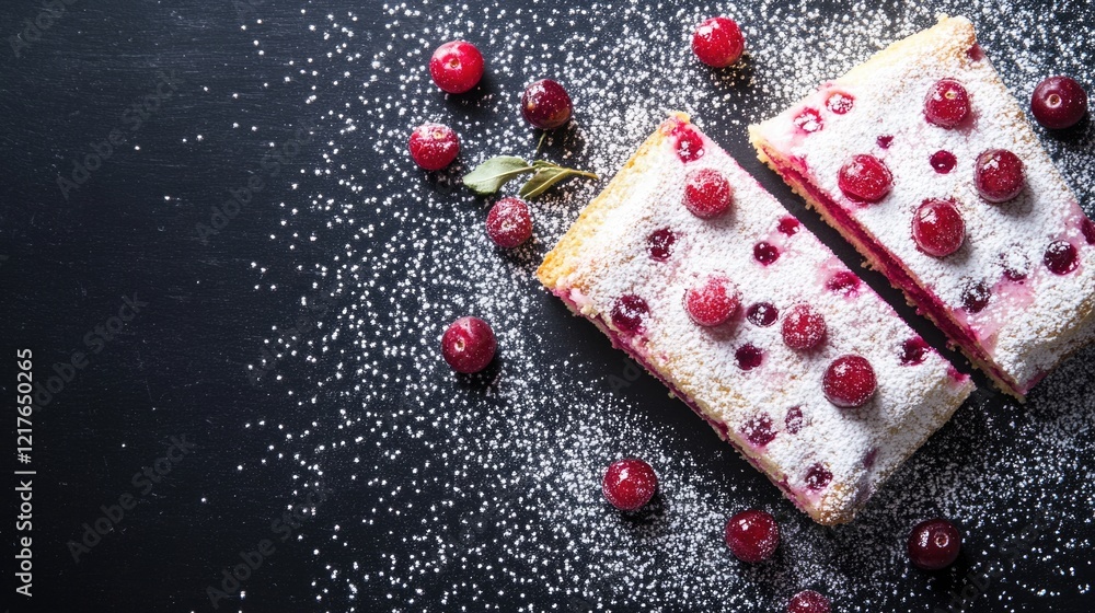 Poster cranberry cake dusted with powdered sugar on a dark surface with fresh cranberries and copy space fo