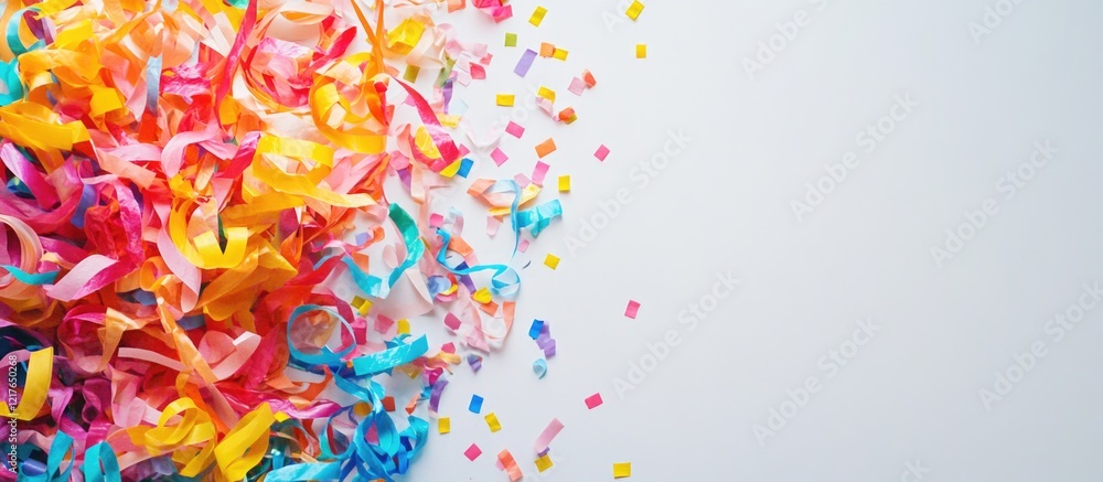 Poster colorful confetti and streamers on white background with space for customizable text for celebration