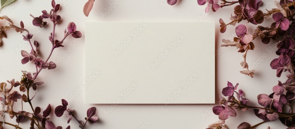 Poster Blank Card Mockup Surrounded by Purple Floral Elements on Light Background for Custom Text Insertion and Elegant Presentation