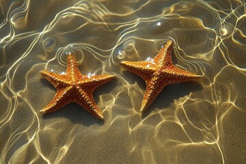 Two starfish resting on the sandy ocean floor illuminated by sunlight in a tranquil coastal scene