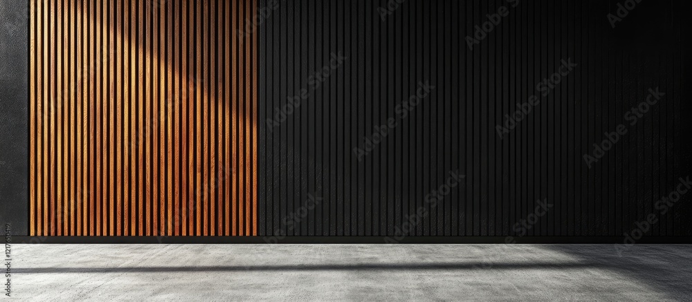 Poster modern acoustic wall with slatted wood and black panels featuring empty copyspace for text in minima