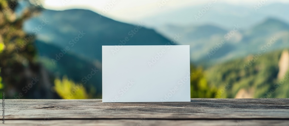 Poster Blank Card Mockup on Wooden Table with Scenic Mountain View Ideal for Custom Text or Messages in Outdoor Setting