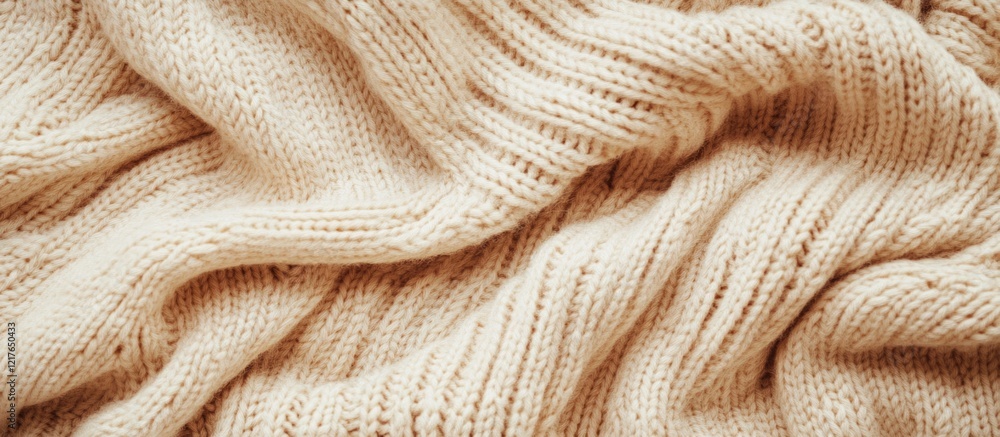 Poster beige knitted fabric texture closeup with soft waves and space for text or design elements