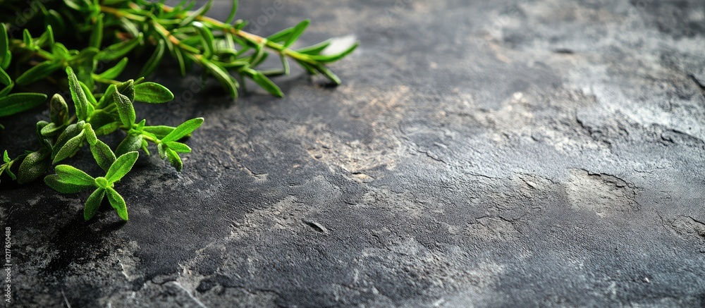 Aufkleber basil and rosemary herbs on a textured gray surface with ample copyspace for text or design elements