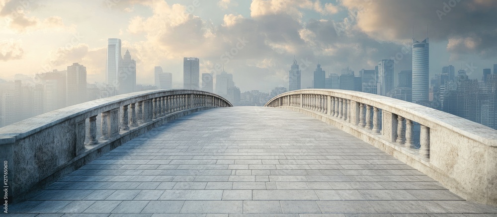 Poster Bridge of Peace leading to a city skyline under a dramatic sky with ample empty space for text and creative use
