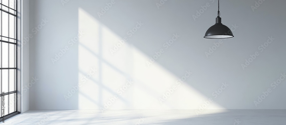 Poster Bright minimalist dining room featuring a hanging metal lamp and ample empty space for customizable text or graphics.