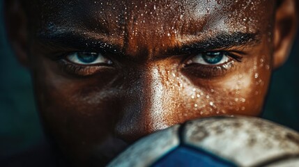 Intense close-up portrait of an athlete holding a soccer ball with striking eyes and sweat glistening on his face