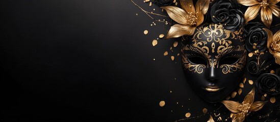 Elegant Black and Gold Masquerade Ball Mask with Floral Accents and Blank Space for Custom Text or Branding