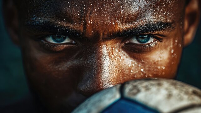 Fototapeta Intense close-up portrait of an athlete holding a soccer ball with striking eyes and sweat glistening on his face