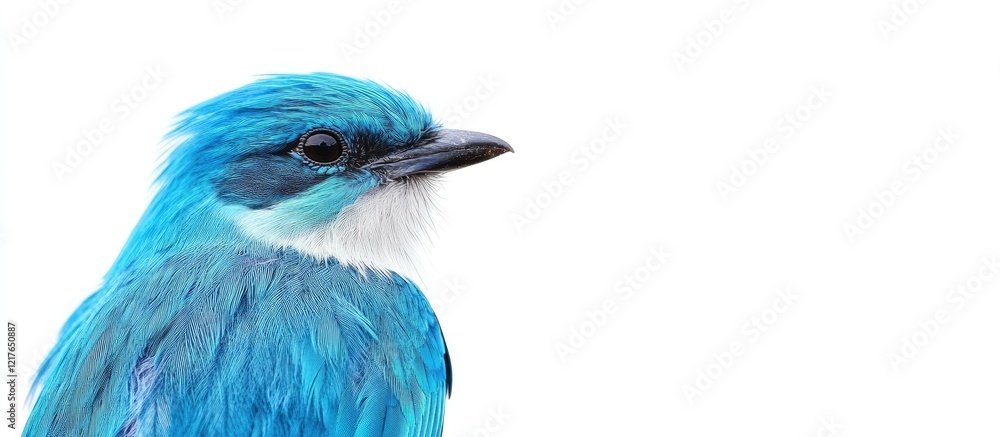 Poster vibrant blue feathered bird isolated on white background ideal for text overlay and nature-themed pr