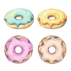 Donuts with green, yellow, pink and beige frosting. Vibrant and detailed watercolor illustration. Perfect for dessert art, bakery branding, or food-themed designs