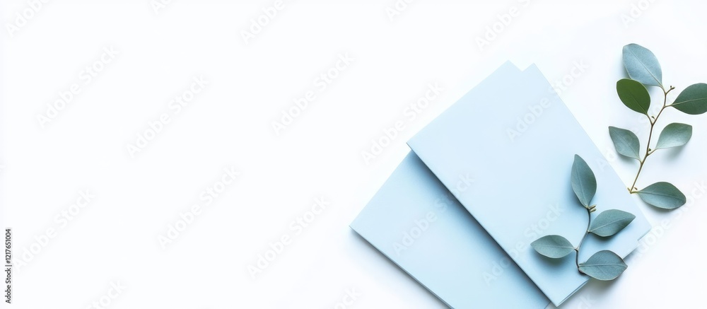 Aufkleber Minimalist Tri Fold Pamphlet Mockup with Light Blue Design and Greenery on White Background for Customizable Text and Graphics