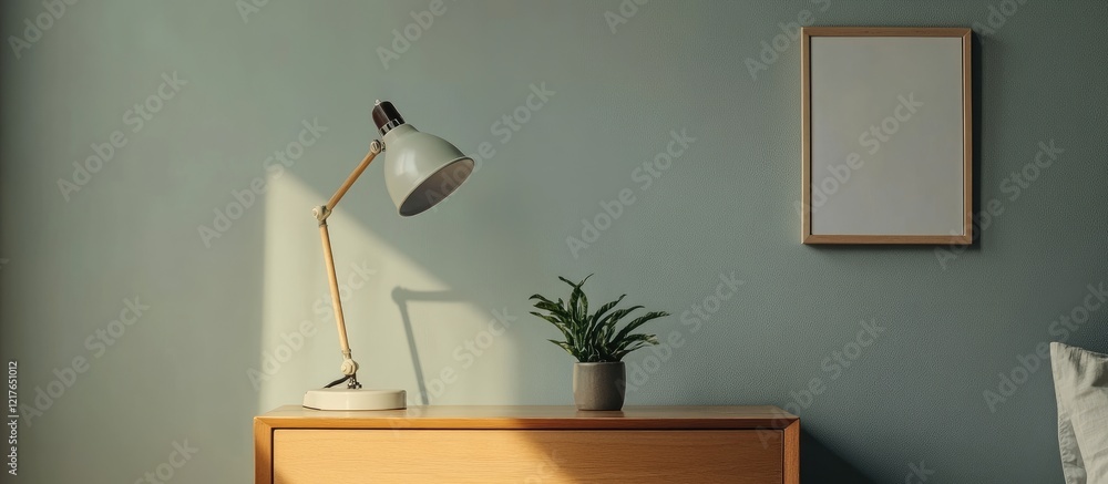 Poster Stylish bedside table with modern lamp and plant against a soft gray backdrop ideal for showcasing text and branding elements