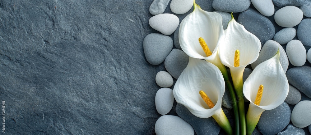 Aufkleber elegant calla lily flowers on smooth pebble surface with ample copyspace for text and design element