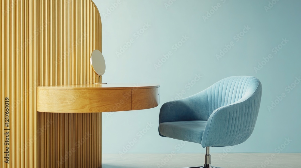 Poster Modern workstation setup featuring a sky blue chair and golden wooden desk against a minimalist backdrop with ample empty space for text.