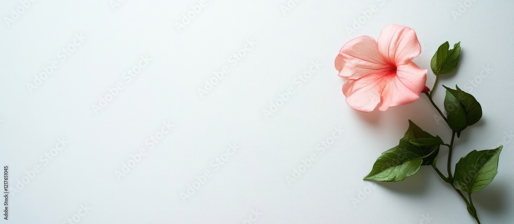 Poster elegant blank card with pink flower and green leaves on white background for custom text and greetin
