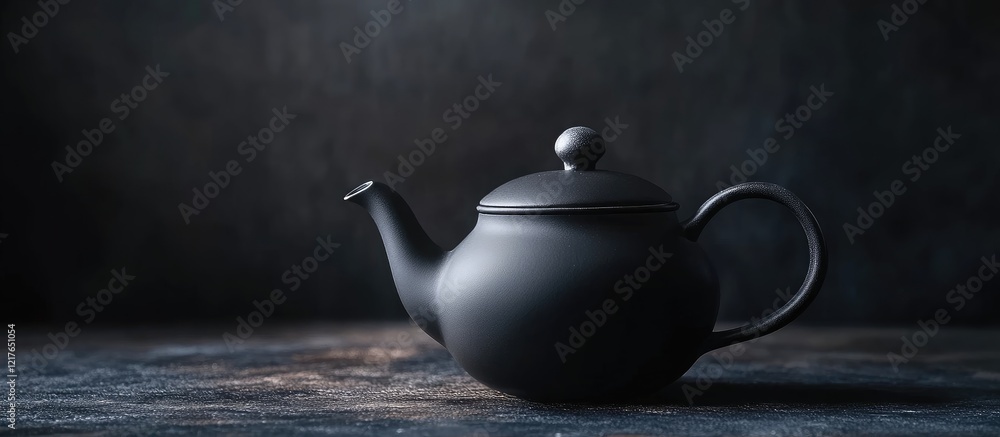 Poster Elegant Black Teapot on Dark Table Surface with Empty Copyspace for Text and Stylish Presentation in a Minimalistic Setting
