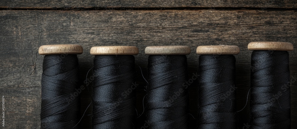 Aufkleber black thread spools on vintage wooden poles arranged on rustic wood background with empty space for 