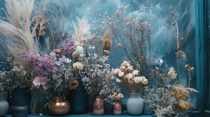 Dried flowers in various vases against a textured blue background with copy space for text insertion