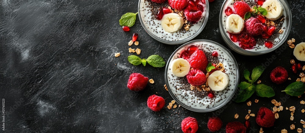 Poster chia seed pudding topped with fresh raspberries and banana slices on dark textured background with c