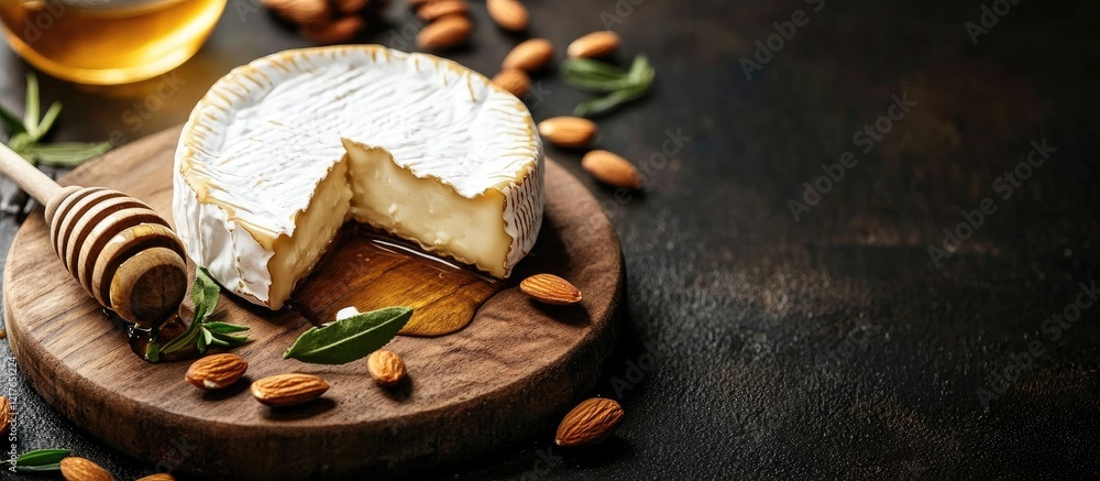 Poster Brie Cheese with Honey and Almonds on Wooden Board with Empty Space for Text