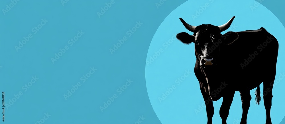 Poster black silhouette of cow in blue circle on solid background with ample copyspace for text and brandin