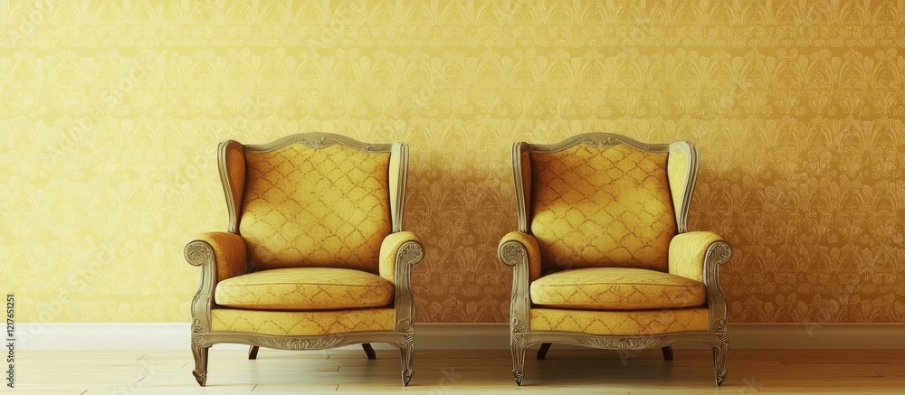 Poster cozy vintage armchairs in a bright yellow room with empty space for personalized text or branding me