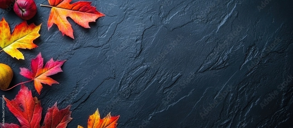 Poster colorful autumn maple leaves border on dark background with space for text and thanksgiving theme fo