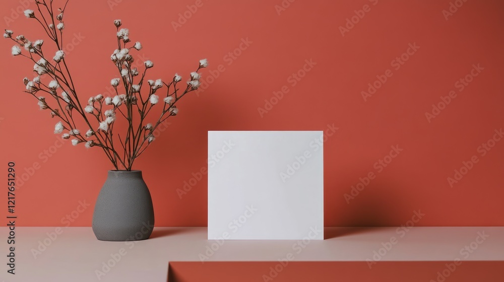 Poster minimalistic display with white blank square canvas, gray vase, and decorative branches against a so