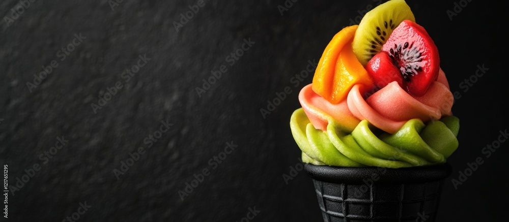 Aufkleber vibrant fruit soft serve ice cream in a black cone against a dark background showcasing an enticing 