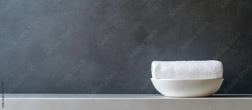 Poster minimalist bathroom countertop with white towel in container and blank space for text or branding